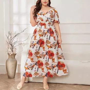 Плюс Размер Женское Летнее Новое Принт Красной Розы Ретро Романтическое V-образный Вырез Талия Утягивающее Темпераментное Платье 0XL белый