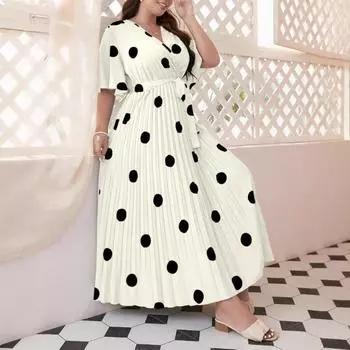 Плюс Размер Женское Летнее Новое Простое Эластичное Талия Печатный Горошек Плиссированное Длинное Платье 0XL белый