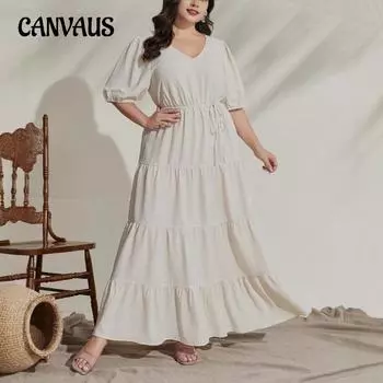 Плюс Размер Женское Летнее Новое Ретро Темпераментное Свободное Длинное Платье V-образным Вырезом 0XL абрикосовый