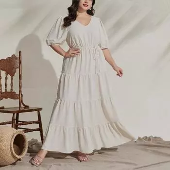 Плюс Размер Женское Летнее Новое Ретро Темпераментное Свободное Длинное Платье V-образным Вырезом 0XL абрикосовый