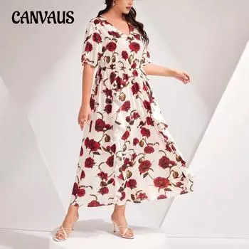 Плюс Размер Женское Летнее Новое Шифоновое Тонкое Темпераментное Цветочное Пляжное Длинное Платье 0XL