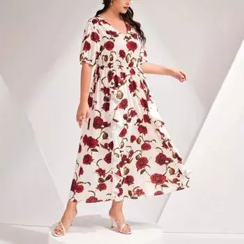 Плюс Размер Женское Летнее Новое Шифоновое Тонкое Темпераментное Цветочное Пляжное Длинное Платье 0XL