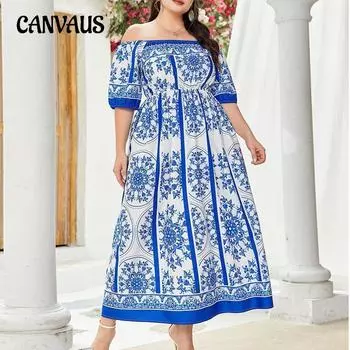 Плюс Размер Женское Летнее Новое Стильное Винтажное Печатное Одно Плечо Эластичная Талия Длинное Платье 0XL синий