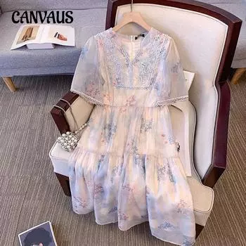 Плюс Размер Женское Летнее Новое Утягивающее Новое Китайский Стиль Печатный V-образный вырез Короткие Рукава Платье 2XL