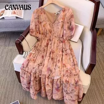 Плюс Размер Женское Летнее Новое Винтажное Стильное Цветочное Платье С Короткими Рукавами и Высокой Талией Утягивающее Платье 2XL