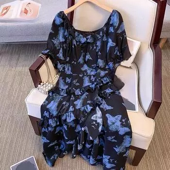 Плюс Размер Женское Летнее Новое Высококачественное Темпераментное Платье Бабочка Принт 2XL синий