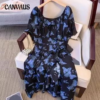 Плюс Размер Женское Летнее Новое Высококачественное Темпераментное Платье Бабочка Принт 2XL синий