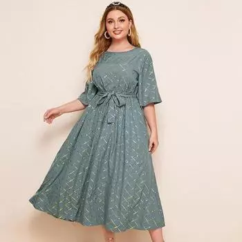 Плюс Размер Женское Летнее Платье A Line O Neck Короткий Рукав Печатный Пояс Длинные Платья Весна L 4XL L зелёный