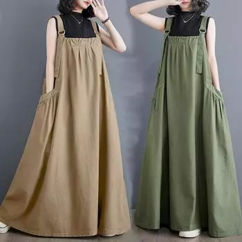 Плюс Размер Женское Летнее Платье На Бретельках Свободные Длинные Платья Корейского Стиля Большие Размеры Хлопок Льняное Повседневное Платье One Size чёрный