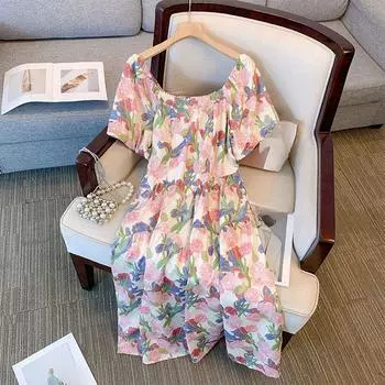 Плюс Размер Женское Летнее Платье New Line с Вырезом Талией Цветочное Платье XL