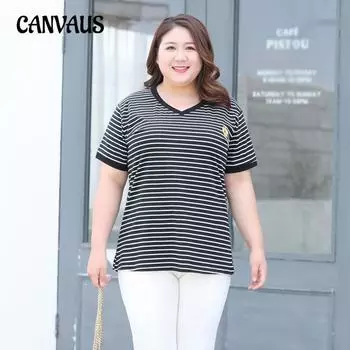 Плюс Размер Женское Летнее Платье Новая Свободная Тонкая Полосатая Футболка С Коротким Рукавом и V-образным Вырезом 3XL чёрный/белый