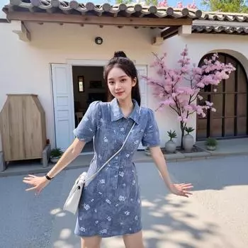 Плюс Размер Женское Летнее Платье-Поло с Вырезом Талии А-силуэта Джинсовое Платье 2XL розовый