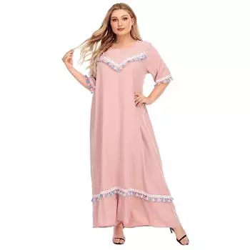Плюс размер женское летнее платье с круглым вырезом в этническом стиле свободное бахромой с коротким рукавом однотонное платье розового цвета XL-4XL XL розовый