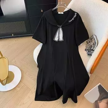 Плюс Размер Женское Летнее Платье С Коротким Рукавом и Талией, Свободное Покрытие, Утягивающее Платье, Темперамент 2XL чёрный