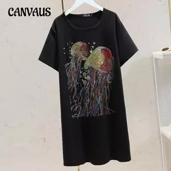 Плюс Размер Женское Летнее Повседневное Новое Свободное Платье Средней Длины XL чёрный