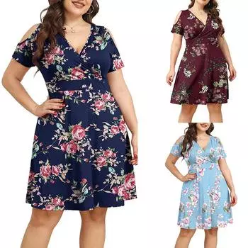 Плюс размер женское летнее повседневное вечернее платье с коротким рукавом и V-образным вырезом модные тонкие платья с цветочным принтом S синий