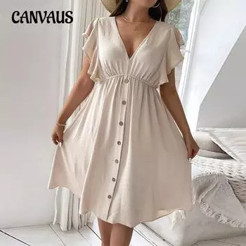 Плюс Размер Женское Летнее Праздничное Повседневное Платье На Пуговицах с Баской и V-образным Вырезом 1XL хаки