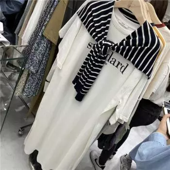 Плюс Размер Женское Летнее Простое Письменное Печать Повседневное Круглый Вырез Свободный Модный Короткий Рукав Длинное Платье M белый