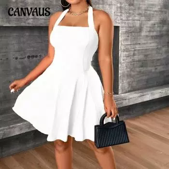 Плюс Размер Женское Летнее Сексуальное Висячее Шея Новое Короткое Платье с Завязкой На Талии 1XL белый