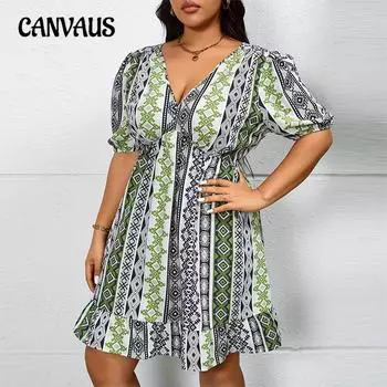 Плюс Размер Женское Летнее Стильное Цветное Платье с V-образным Вырезом Короткие Рукава Хальтер Платье 1XL
