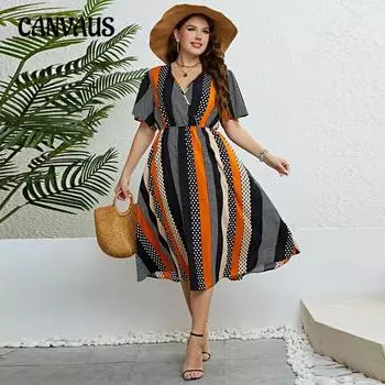 Плюс Размер Женское Летнее Стильное Платье С Присборенным V-образным Вырезом С Принтом 1XL оранжевый/чёрный