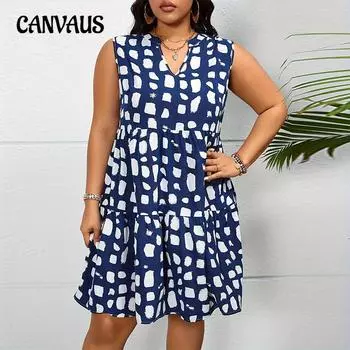Плюс Размер Женское Летнее Стильное Платье-Майка С Принтом И V-образным Вырезом 1XL