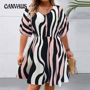 Плюс Размер Женское Летнее Стильное Волнистый Принт Утягивающее Платье С Короткими Рукавами 1XL