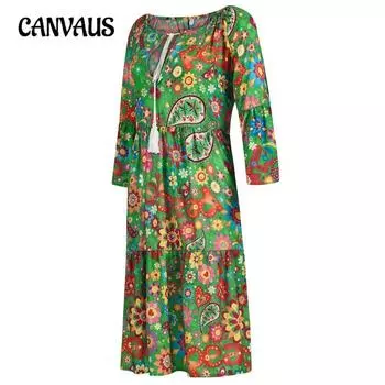 Плюс Размер Женское Летнее Свободное Платье С Принтом Юбка V-образный Вырез S зелёный