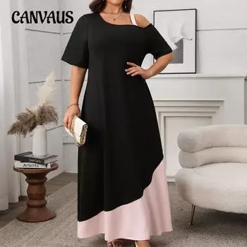 Плюс Размер Женское Летнее Темпераментное Однотонное Лоскутное Платье Холтер С Коротким Рукавом XL чёрный