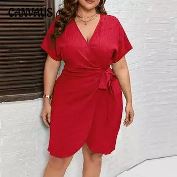 Плюс Размер Женское Летнее Темпераментное Однотонное Платье с V-образным вырезом и ремешком на талии, утягивающее, с короткими рукавами 1XL красный