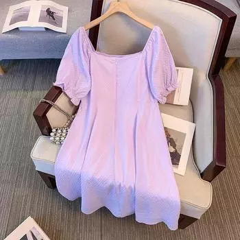 Плюс Размер Женское Летнее Тонкое Однотонное Простое Модное Платье С Короткими Рукавами 2XL фиолетовый
