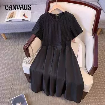 Плюс Размер Женское Летнее Трикотажное Простое Утягивающее Платье Мягкое Короткие Рукава 2XL чёрный