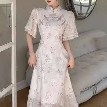 Плюс размер женское летнее улучшенное китайское платье Cheongsam в нежном стиле изысканное платье 2XL слоновая кость