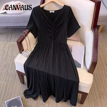 Плюс Размер Женское Летнее V-образный вырез Простой Темперамент Складки Свободное Платье 2XL чёрный