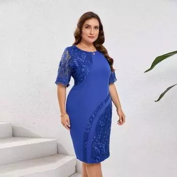 Плюс Размер Женское Летнее Вышитое Кружевное Лоскутное Платье Индивидуально Прикрывающее Ягодицы Платье 0XL синий