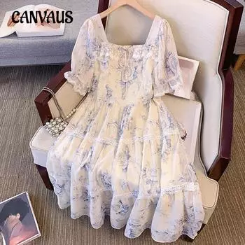 Плюс Размер Женское Летнее Высококачественное Стильное Винтажное Квадратный Воротник Рукава Сумка Цветочное Платье 2XL