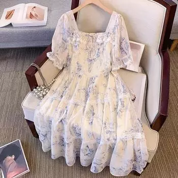 Плюс Размер Женское Летнее Высококачественное Стильное Винтажное Квадратный Воротник Рукава Сумка Цветочное Платье 2XL