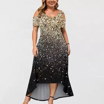 Плюс размер женское модное платье с короткими рукавами и круглым вырезом с открытыми плечами и нерегулярным подолом XXXL золотой