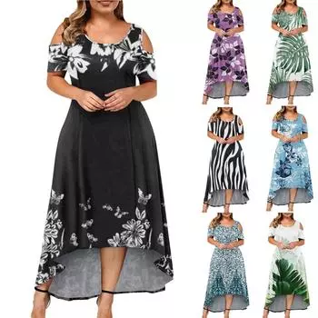 Плюс размер женское модное платье с короткими рукавами и круглым вырезом с открытыми плечами и нерегулярным подолом XXL чёрный