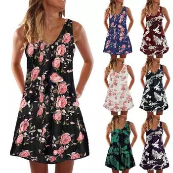 Плюс размер женское модное платье с цветочным принтом мини-платье без рукавов с v-образным вырезом платье на бретельках XXXXL