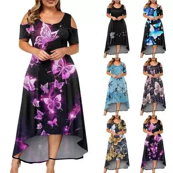 Плюс размер женское модное платье с короткими рукавами и круглым вырезом с открытыми плечами и нерегулярным подолом XXL золотой