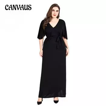 Плюс Размер Женское Новое Черное Платье С Рукавом-Плащом V-образным Вырезом и Низким Вырезом Юбка Платье XL чёрный