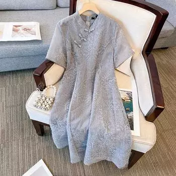 Плюс размер Женское Новое Молодежное Новое Китайское Улучшенная Версия Платья Чонсам Полувысокий Воротник 2XL серый