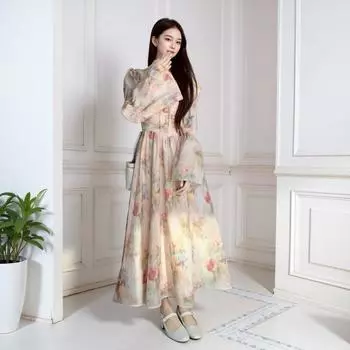 Плюс Размер Женское Новое Осеннее Милое Тонкое Платье с Длинным Рукавом и Цветочным Принтом 2XL