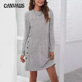 Плюс Размер Женское Новое Осеннее Однотонное Трикотажное Платье С Длинными Рукавами Средней Длины S розовый