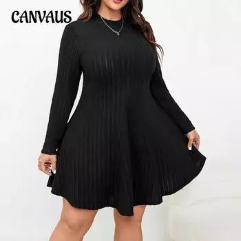 Плюс Размер Женское Новое Осеннее Платье С Длинным Рукавом Однотонное Платье 1XL чёрный