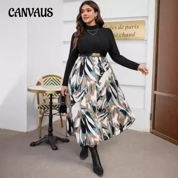 Плюс Размер Женское Новое Осеннее Платье С Напечатанным Цветом Соответствия Высокий Воротник Талия 0XL чёрный