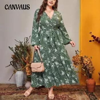 Плюс Размер Женское Новое Осеннее Темпераментное Платье С Принтом На Ремне На Талии Длинный Рукав V-образный Вырез Платье 0XL зелёный