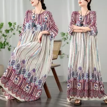 Плюс размер Женское Новое Винтажное Летнее Длинное Базовое Повседневное Платье-футболка с Цветочным Принтом Праздничное О-Образным Вырезом Пляжное Платье-Футболка большого размера One Size белый