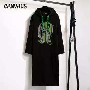 Плюс Размер Женское Осень и Зима Свободное Длинные Рукава С Капюшоном Бархатное Платье С Капюшоном Средней Длины XL